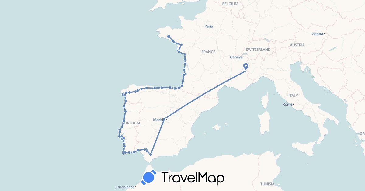 TravelMap itinerary: cycling in Spain, France, Portugal (Europe)